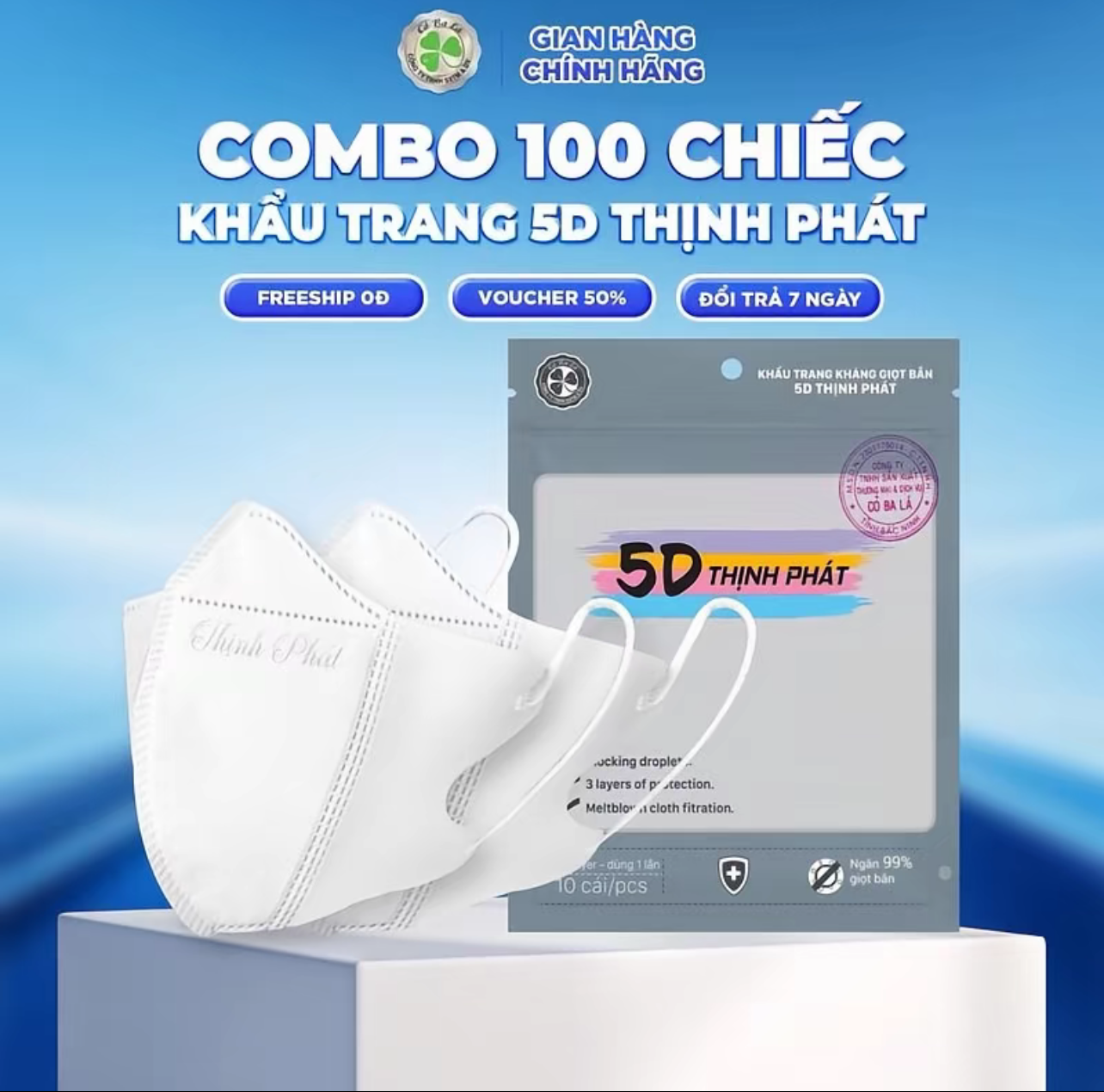 100 chiếc Khẩu Trang 5D Thịnh Phát, 3 lớp kháng khuẩn chống bụi mịn chống nắng hiệu quả
